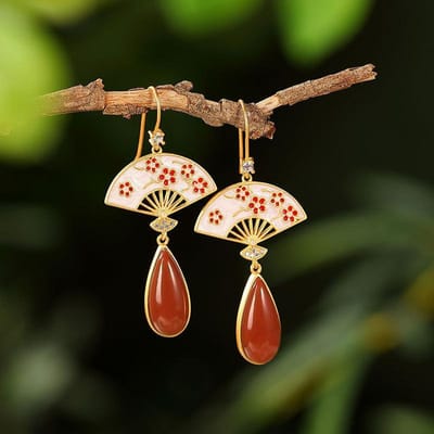 Oude goud ambacht Zuidelijke rode toermalijn Bloemenwaaier oorbellen voor vrouwen Chinese stijl exquise waterdruppel Oorbel sieraden brown