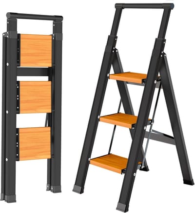 Stevig Huis - Opstapje - Klusjes Binnen - Inklapbaar Aluminium - 3 Treden - Zwart Houtnerf