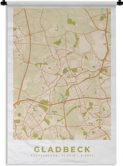 Wandkleed - Wanddoek - Gladbeck - Plattegrond - Kaart - Stadskaart - Vintage - 120x180 cm - Wandtapijt