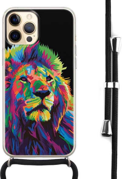 Hoesje met koord - Geschikt voor iPhone 12 - Leeuw pop art - Verstelbaar zwart koord - Zwart, Transparant, Multi - Print / Illustratie - Leuke Telefoonhoesjes