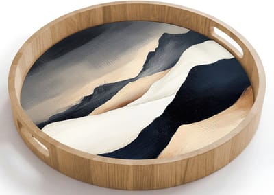 Dienblad rond 40x40 cm - Schootdienblad hout - Bergen - Donkerblauw - Landschap - Borrelplank rechthoek - Plateau houten dienbladen