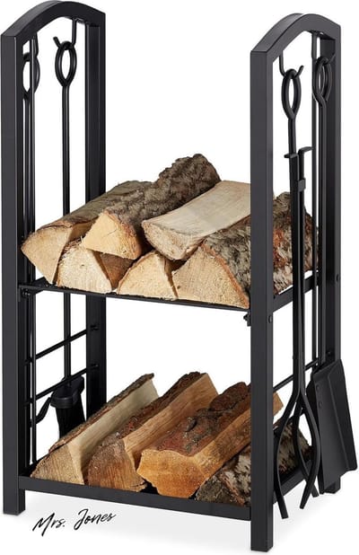 Mrs. Jones haardstel met 2 planken en 4-delige set haardgereedschap zwart .