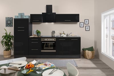 Goedkope keuken 270 cm - complete keuken met apparatuur Amanda - Eiken grijs/Zwart - soft close - keramische kookplaat - afzuigkap - spoelbak