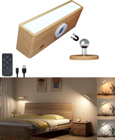 Oplaadbare Binnenwandlamp met Afstandsbediening - Draadloze LED Wandlamp met 3 Kleuren, 360° Draaiende Houten Lamp