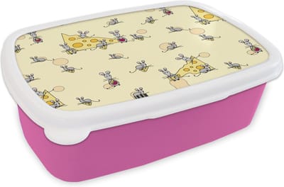 Broodtrommel Roze - Lunchbox - Brooddoos - Kaas - Dieren - Patronen - Muizen - 18x12x6 cm - Kinderen - Meisje