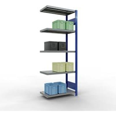 Schulte Lagertechnik MULTIplus 250 boutloos rekkensysteem, boutloze aanbouwstelling, lengte bout, 2000x750x400 mm, 5 legborden, gentiaanblauw/verzinkt