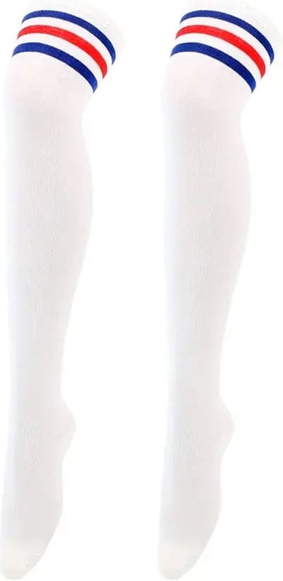 Hoge Gestreepte Kniekousen Meisejs & Dames I Elastische Knie Sokken I Knie Kousen I Verkleedkousen I Rekbaar 60 x 9 CM I One Size S/L I Wit Met Blauw/Rode Strepen