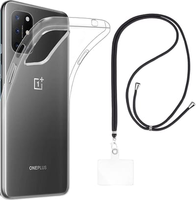 Set met hoesje en nekband voor oneplus 8t - Flexibele, transparante TPU-bescherming, verstelbare universele nekband voor mobiele telefoons, zwarte nekband, transparante draagriem van Phonillico®