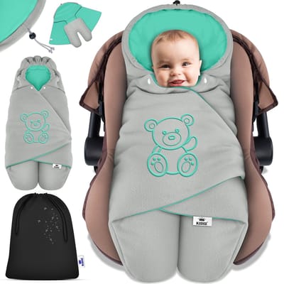 KIDIZ® Baby Slaapzak voor Buggy Voetenzak voor Autostoeltje & Wandelwagen Babyschaal, voor Winter met Kap + Babyslaapzak Deken voor Maxi-Cosi & Kinderwagen alle Gordelsystemen 3 & 5-Puntsgordel - Grijs / Turquoise