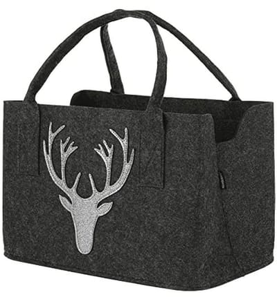 Vilten tas voor brandhout met hertenkop - donkergrijs - 40 x 25 cm