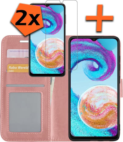 Hoes - Met 2x Screenprotector - Geschikt voor Samsung Galaxy A04s - Luxe Pasjeshouder - Bookcase Portemonee - Flip Case - Kunstleer Book Case - Flipcase Hoes - Book Cover - Walletcase - PortemonneeHoes - Rosé goud