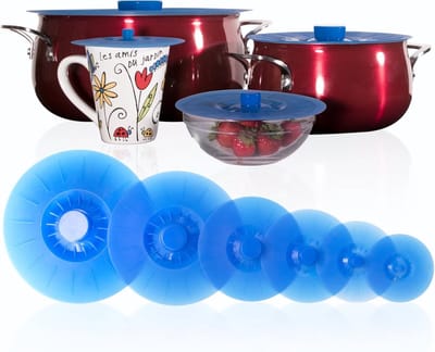 Siliconen Deksel Set - Herbruikbare Zuignap Deksel - Voedsel Bewaren - Vaatwasser Magnetronbestendig - Set van 6 - Doorschijnend Blauw