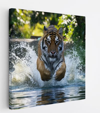 Saammp Canvas Schilderij - Tijger in het water - Natuur - Dieren - 20x20 - Foto op canvas - Wanddecoratie - muurdecoratie Woonkamer - Slaapkamer decoratie - Canvas Print