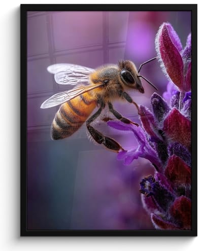 Poster in lijst - Fotolijst 50x70 cm - Posters - Honingbij - Paarse bloemen - Details - Posterlijst zwart - Decoratie - Wanddecoratie woonkamer - Muurdecoratie slaapkamer