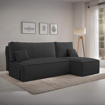 Hoekbank Jelle - Universeel - Ribstof - Zwart - Slaapbank met opbergruimte - Lounge Links of Rechts - Direct Leverbaar - Hoekzetel - Chaise longue - Zetel met slaapgedeelte - 3 zits - Zitcomfort Medium