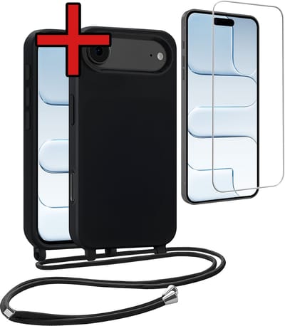 Hoesje Geschikt voor iPhone Air Hoesje Siliconen Case Met Koord Met Screenprotector - Hoes Geschikt voor iPhone Air Hoesje Backcover Met Telefoonkoord - Zwart