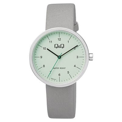 Q&Q QC24J315Y - Horloge - Analoog - Heren - Mannen - Leren band - Rond - Metaal - Cijfers - Grijs - Zilverkleurig - Lichtgroen - 3 ATM