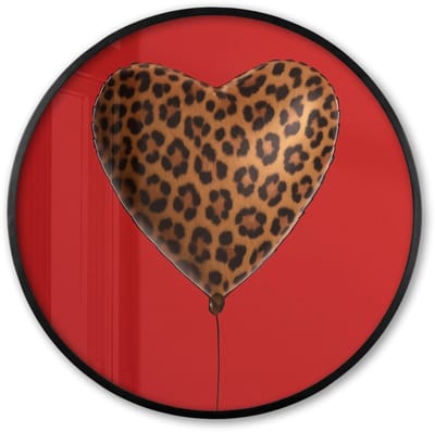 Poster in lijst Rond - Fotolijst 60x60 cm - Posters - Ballon - Hartvormig - Rood - Panterpatroon - Ronde posterlijst zwart - Decoratie - Wanddecoratie woonkamer - Muurdecoratie slaapkamer