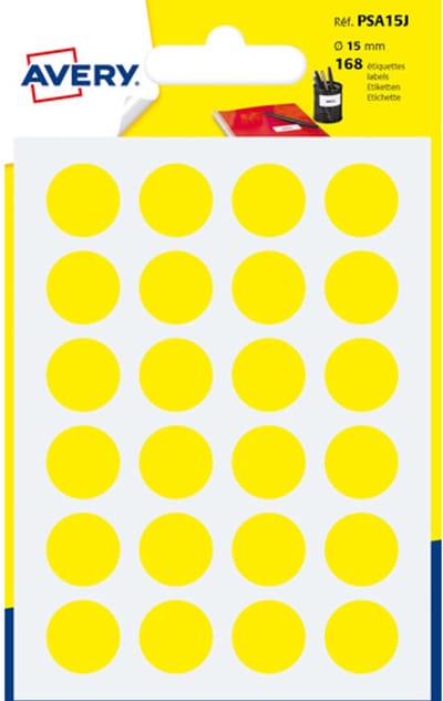 Etiket Avery 15mm rond        blister 168st geel