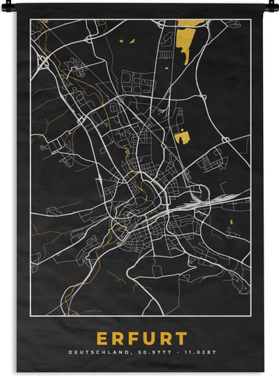 Wandkleed - Wanddoek - Black and Gold – Stadskaart – Erfurt – Duitsland – Plattegrond – Kaart - 120x180 cm - Wandtapijt