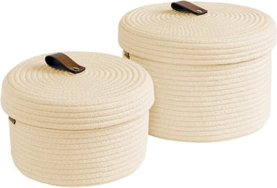 Decoratieve Opbergmanden met Deksel van Katoenen Touw voor Kleding, Sieraden en Kantoorbenodigdheden - Set van 2 in Ivoor Kleur