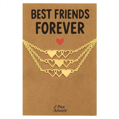 BFF Ketting voor 3 'Best Friends Forever' - Hartjes - Vriendschapsketting op Cadeau Kaartje - 45cm + 5cm verstelbaar - Goudkleurig - Best Friends Hanger - Pax Amare