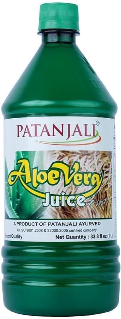 Patanjali Aloë Vera Sap met Vezels 1000 ml – Puur Aloë Vera Direct Sap met Vezels | Ideaal voor Huid, Haar & Voeding met Kajalstickers | Aloë Vera Sap Vezeldrank Natuurlijke Wellness