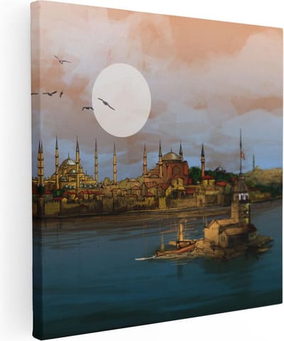 Artaza Canvas Schilderij Skyline - 30x30 cm - Klein - Wanddecoratie Zonsondergang - Muurdecoratie Istanbul - Kamer Accessoires Boot