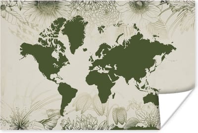 Poster 30x20 cm - Wereldkaart - Bloemen - Groen - Posters - Kamer decoratie - Wanddecoratie woonkamer - Muurdecoratie slaapkamer