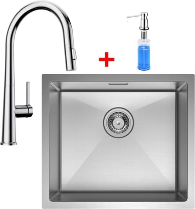 CECIPA Max Spoelbak Keuken 50x44CM - Spoelbakken Keuken Met C-uitloop Keukenkraan en Zeepdispenser 300ML - Wasbak Keuken - Enkele Spoelbak - Spoelbakken met afdruip - RVS