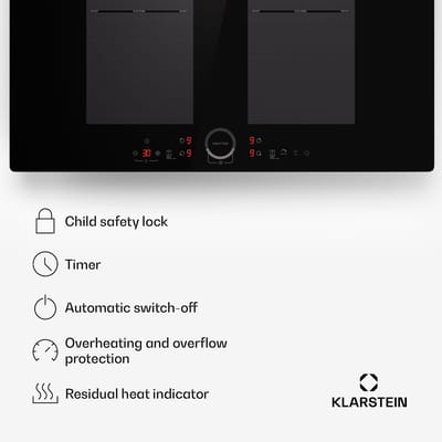 Klarstein inductiekookplaat 4 velden, inbouw inductiekookplaat met 4 kookvelden, 7000 watt inductie kookplaat, inductie kookplaat met touch bediening & timer, efficiënt elektrisch inductiefornuis - 52 cm - voor Keuken - Flexzone Kinderslot