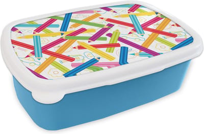 Broodtrommel Blauw - Lunchbox - Brooddoos - Potlood - Patronen - Regenboog - 18x12x6 cm - Kinderen - Jongen
