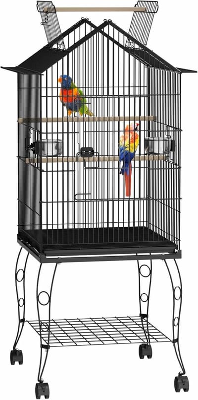 NAIZY Metalen vogelkooien 55x55x145cm parkietenkooi met rustende houten balk valkparkieten vogelkooi bouwer Draagbare vogelvolière met dakraam, deur, voederbak, uitneembare lade & wielen