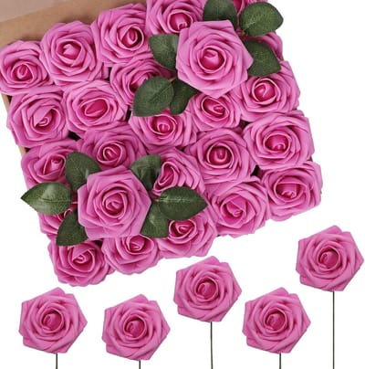 Dailygoods - N&T NIETING Kunstbloemen, hete roze kunstrozen, 50 stuks kunstbloemen met steel, voor doe-het-zelf bruiloft, boeketten, middenstukken, bruid, babyshower, feest, thuis, douche, arrangement, decoratie