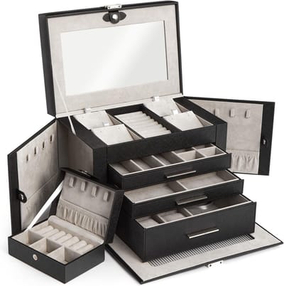 Juwelendoos met Reisdoos - Opbergkoffer Organiser - Sieraden Opbergen - 4 Lagen Spiegel - 29 cm Breed - Zwart