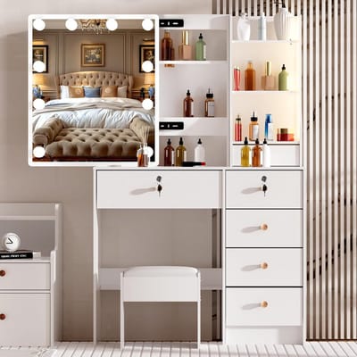 Make-uptafel Met Verlichting en Instelbare Helderheid, 6 Laden en Planken, Wit