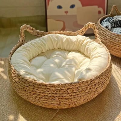 Vier Seizoenen Universele Pure Handgemaakte Wijnstok Geweven Kattennest Seizoensgebonden Warmte Pad Afneembare Wasbare Winter Dierbenodigdheden Accessoires 38 13 beige
