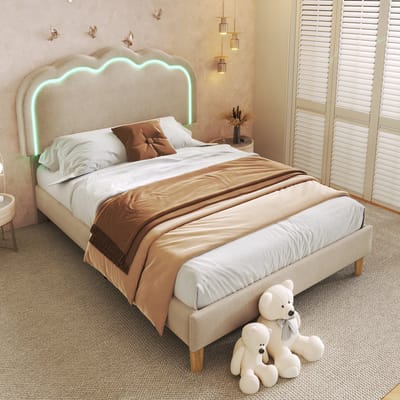 Gutent Kinderbed, Beige (Zonder matras), LED Eenpersoonsbed 90 x 190 cm,Linnenmateriaal, Bedframe met lattenbodem en verstelbaar hoofdeinde, Slaapkamer, logeerkamer met bedframe voor jongeren