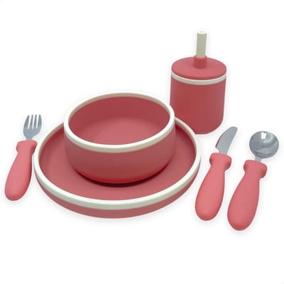 Smikkels - Siliconen kinder dinerset - Eetset baby - Servies - Serviesset - Kinderbestek - Veilig Kinderservies - Duurzaam - Baby - Peuter - Kleuter - Roze