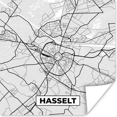 Poster Stadskaart – Plattegrond – België – Zwart Wit – Hasselt – Kaart - 100x100 cm XXL