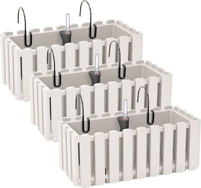 3x stuks fence-look ophang plantenbakken/bloembakken kunststof 38 x 18 x 16 cm parel wit met handige droogtemeter voor binnen/buiten