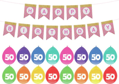 Haza Verjaardag 50 jaar geworden versiering - 32x thema ballonnen/1x Happy Birthday slinger 300 cm