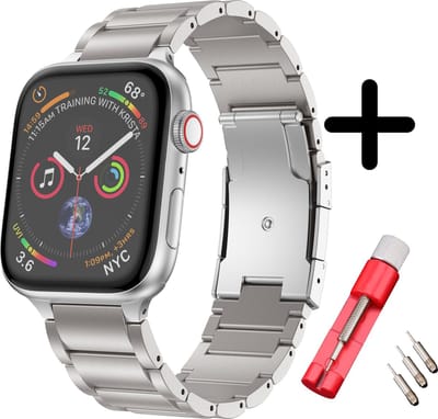 Strap-it Luxe Apple Watch bandje - Staal Titanium RVS stainless steel - geschikt voor iWatch serie bandjes 1/2/3/4/5/6/8/9/10/11/SE(2-3)/Ultra(2-3) met maat: 44mm / 45mm / 46mm / 49mm - vlinder sluiting - incl. horlogeband schakel inkorter - Zilver