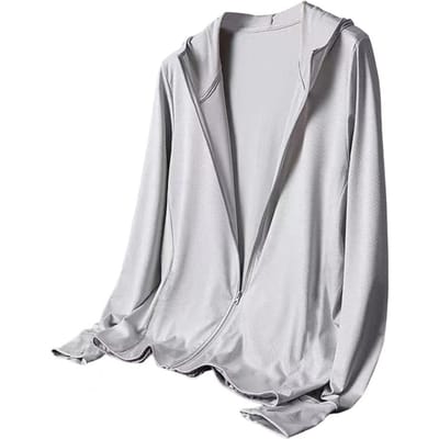 Manteau de Soleil pour Homme à Capuche Manches Longues Couleur Unie Été Manteau Fin Veste Zippée Soie Glacée Vêtement d'Extérieur Pêche L gris