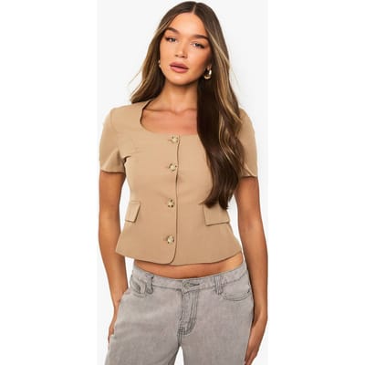 boohoo Dames Op maat gemaakte top met korte mouwen en knoopsluiting | Beige | Maat: 36