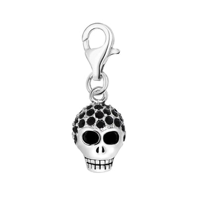 Quiges – 925 - Zilver – Charm - Bedel - Hanger - 3D Schedel met Zwarte Zirkonia - met – sterling - zilver - karabijnslot - geschikt - voor -Bedelarmband HC070