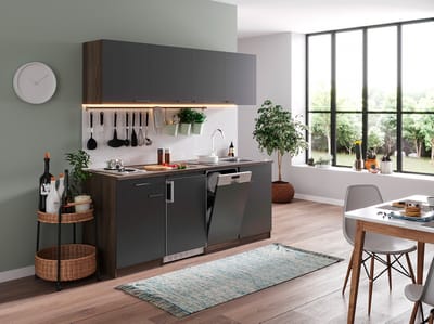 Goedkope keuken 195  cm - complete keuken met apparatuur Oliver  - Donker eiken/Grijs   - elektrische kookplaat - vaatwasser        - spoelbak