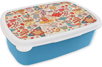 Broodtrommel Blauw - Lunchbox - Brooddoos - Thee - Dieren - Snoepgoed - Regenboog - Patronen - 18x12x6 cm - Kinderen - Jongen