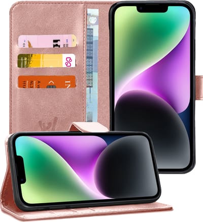 Hoesje geschikt voor iPhone 14 - Book Case Kunstleer Wallet Cover Portemonnee Pasjeshouder Hoes Roségoud