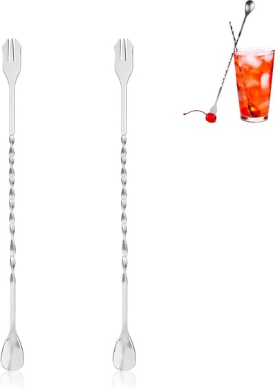 2-stuks Cocktailroerlepel - Dubbelzijdige lepel met lange steel - Barlepel - Koffieroerlepel - Roestvrijstalen lepel - 26x2 cm - Roert gelijkmatig - Antislip handvat - Geschikt voor thuis koffie roeren en voor professionele cocktails roeren - Zilver